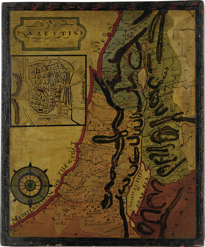 (HOLY LAND.) Eaton, J. N. American folk art painting of a map of Palestine with an inset of Jerusalem.